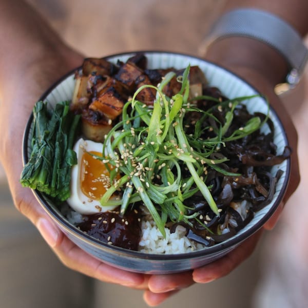 Hands holding a Boru Ramen bowl with rice, grilled tofu, egg, greens, and wood ear mushrooms.